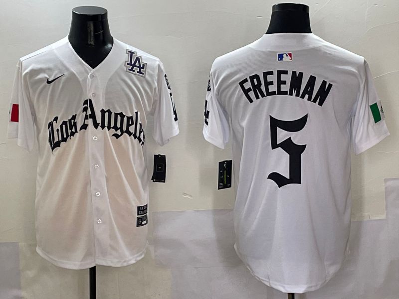 Men Los Angeles Dodgers #5 Freeman White Five generations Joint Name 2025 Nike MLB Jersey style 10